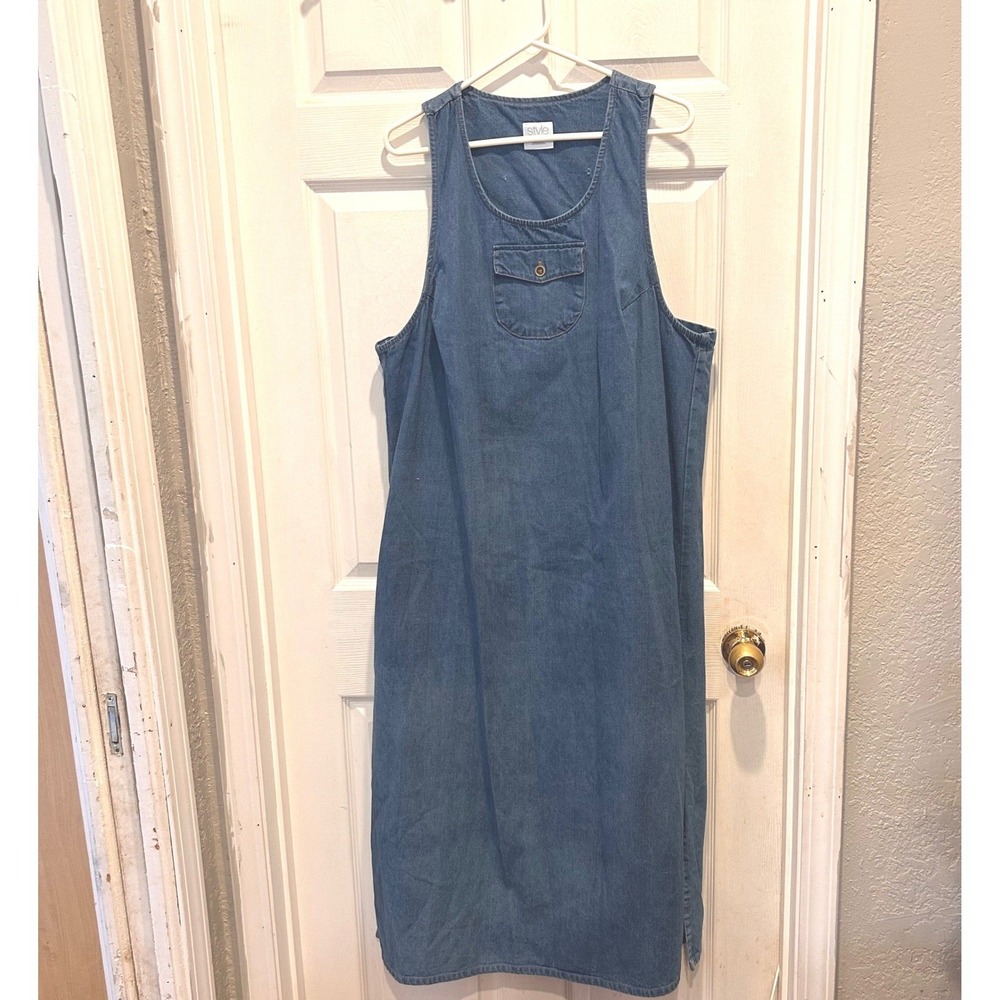 Style Studio Womens 1X Blue Denim Sleeveless Jumper Maxi Dress USA Cottagecore